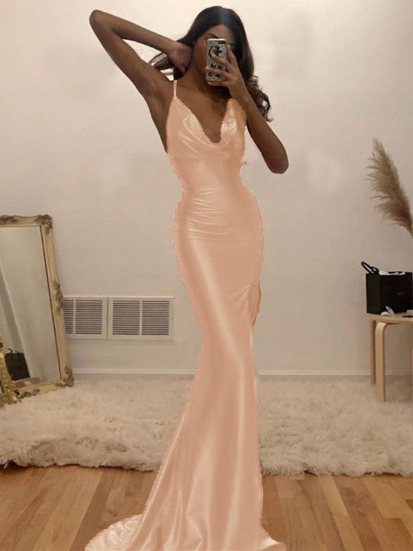 Sheath/Column Ruched Halter Sleeveless Silk like Satin Sweep/Brush Train Prom Dress