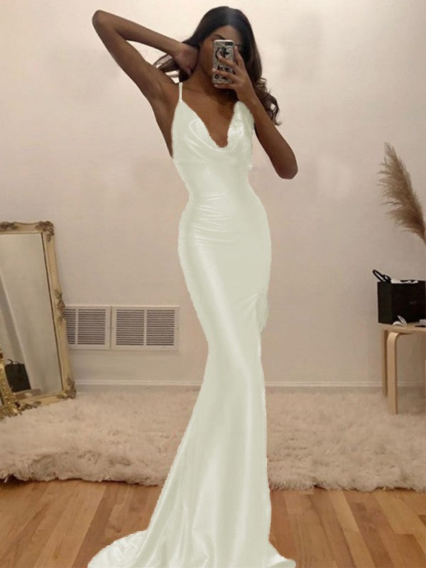 Sheath/Column Ruched Halter Sleeveless Silk like Satin Sweep/Brush Train Prom Dress