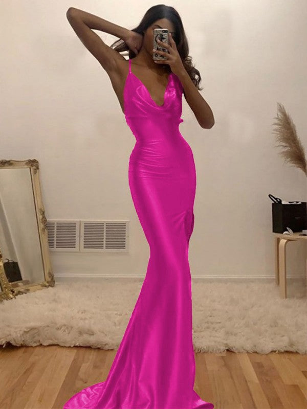Sheath/Column Ruched Halter Sleeveless Silk like Satin Sweep/Brush Train Prom Dress