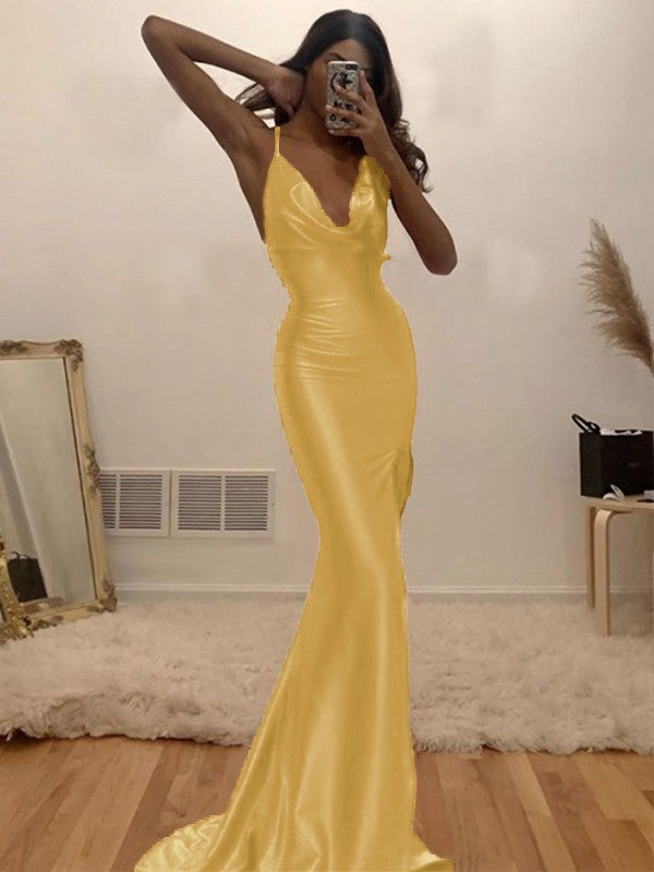 Sheath/Column Ruched Halter Sleeveless Silk like Satin Sweep/Brush Train Prom Dress