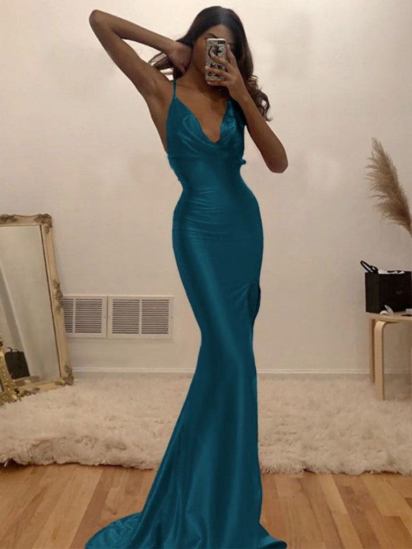 Sheath/Column Ruched Halter Sleeveless Silk like Satin Sweep/Brush Train Prom Dress