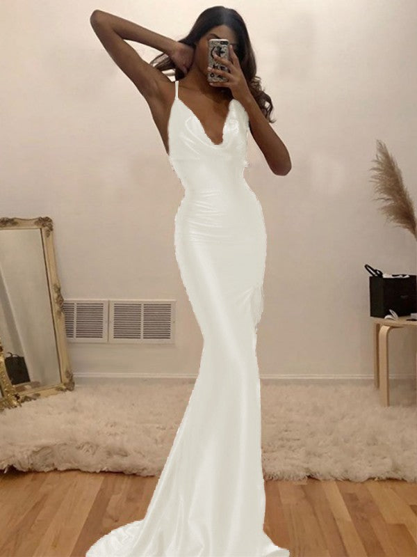 Sheath/Column Ruched Halter Sleeveless Silk like Satin Sweep/Brush Train Prom Dress