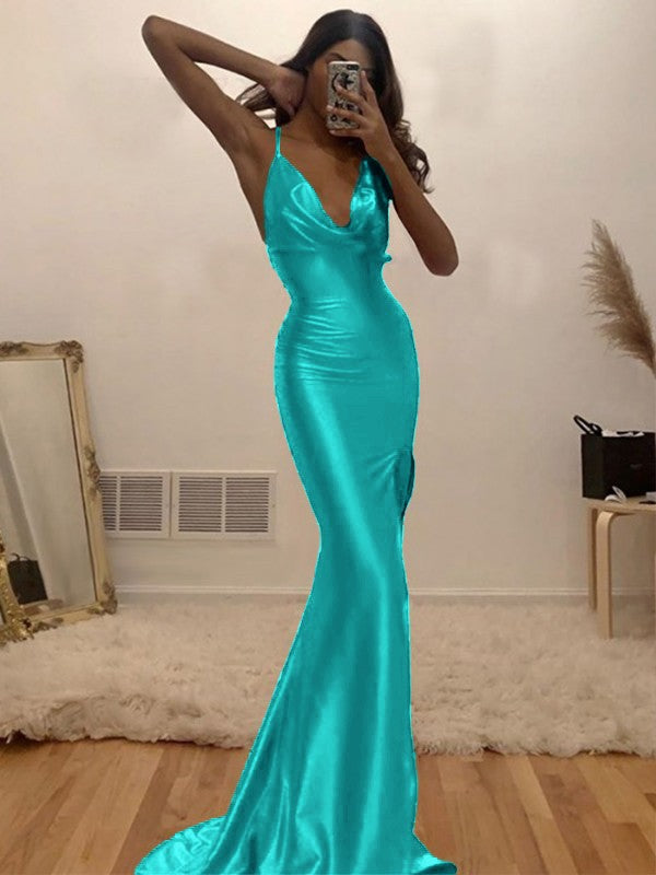 Sheath/Column Ruched Halter Sleeveless Silk like Satin Sweep/Brush Train Prom Dress