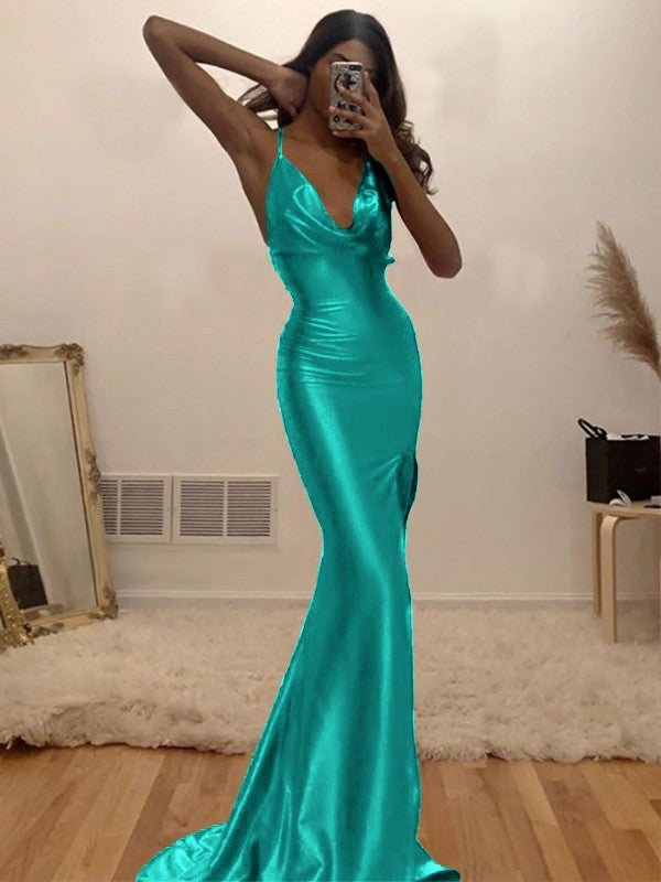 Sheath/Column Ruched Halter Sleeveless Silk like Satin Sweep/Brush Train Prom Dress