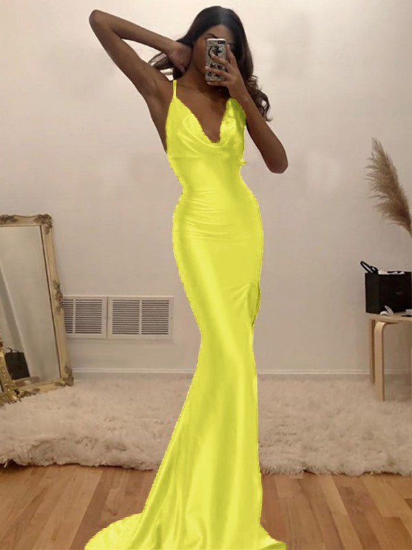 Sheath/Column Ruched Halter Sleeveless Silk like Satin Sweep/Brush Train Prom Dress