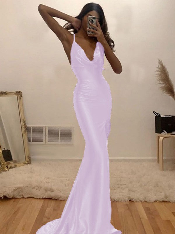 Sheath/Column Ruched Halter Sleeveless Silk like Satin Sweep/Brush Train Prom Dress