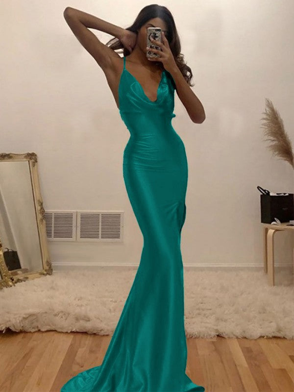 Sheath/Column Ruched Halter Sleeveless Silk like Satin Sweep/Brush Train Prom Dress
