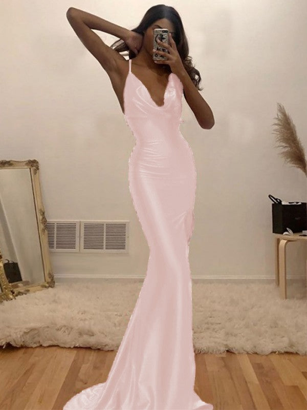 Sheath/Column Ruched Halter Sleeveless Silk like Satin Sweep/Brush Train Prom Dress