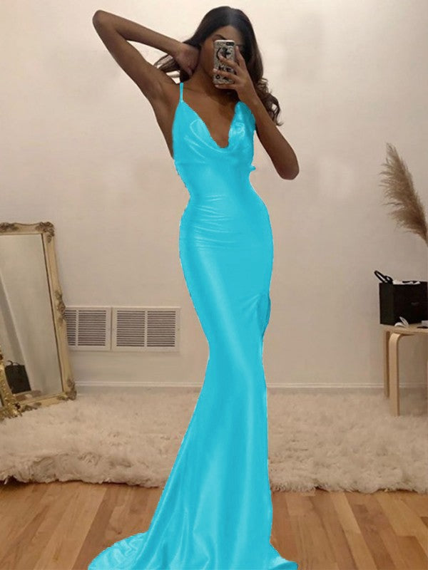 Sheath/Column Ruched Halter Sleeveless Silk like Satin Sweep/Brush Train Prom Dress