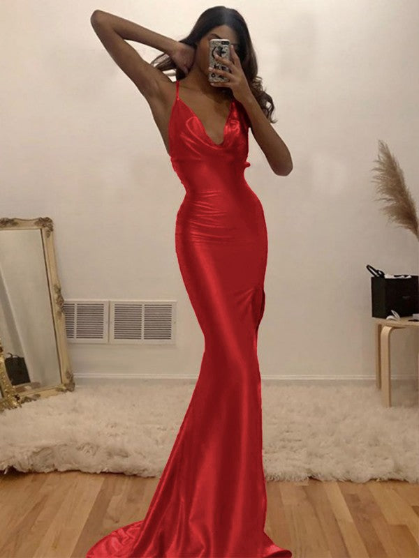 Sheath/Column Ruched Halter Sleeveless Silk like Satin Sweep/Brush Train Prom Dress