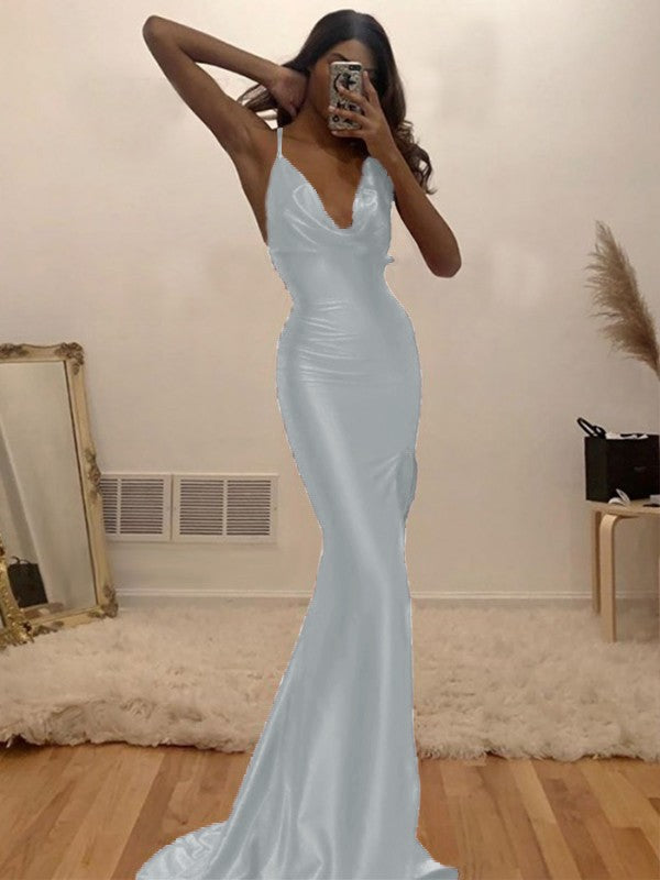 Sheath/Column Ruched Halter Sleeveless Silk like Satin Sweep/Brush Train Prom Dress