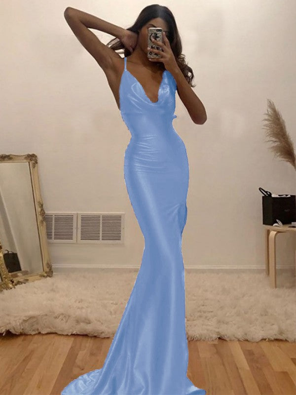 Sheath/Column Ruched Halter Sleeveless Silk like Satin Sweep/Brush Train Prom Dress