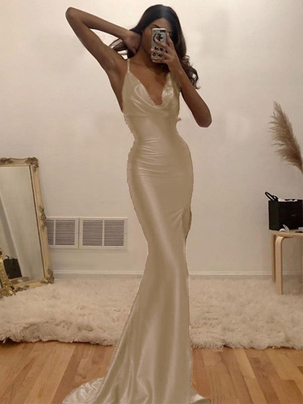 Sheath/Column Ruched Halter Sleeveless Silk like Satin Sweep/Brush Train Prom Dress
