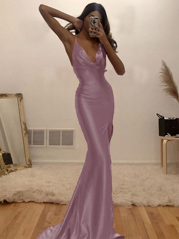Sheath/Column Ruched Halter Sleeveless Silk like Satin Sweep/Brush Train Prom Dress