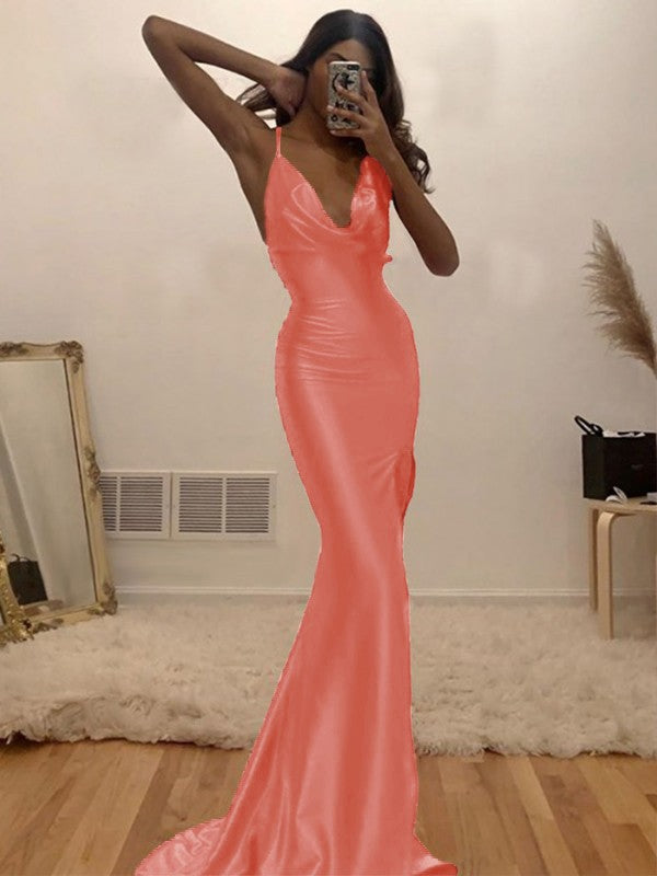 Sheath/Column Ruched Halter Sleeveless Silk like Satin Sweep/Brush Train Prom Dress