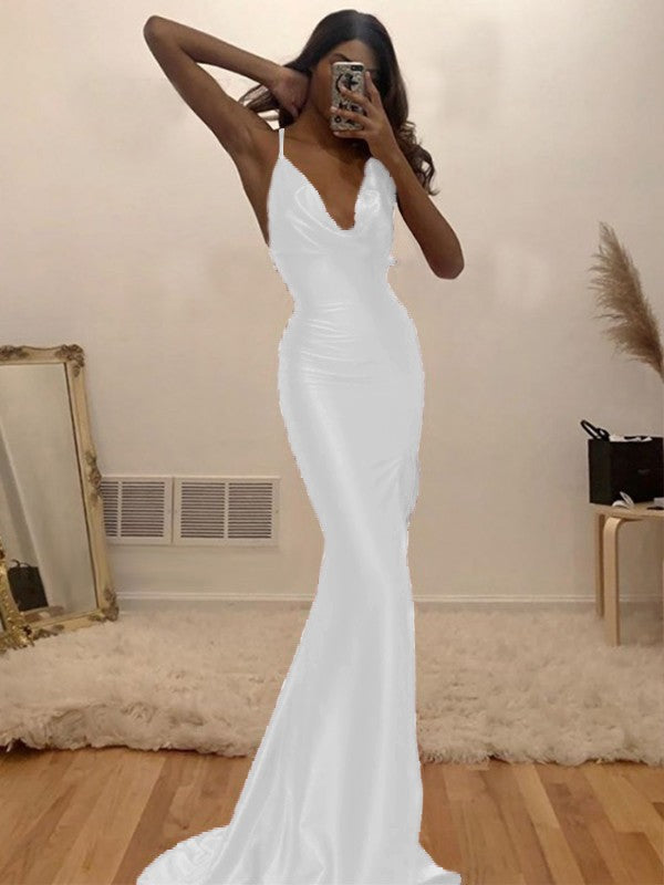 Sheath/Column Ruched Halter Sleeveless Silk like Satin Sweep/Brush Train Prom Dress