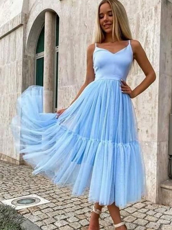 A-Line/Princess Tulle Ruffles V-neck Sleeveless Tea-Length Homecoming Dress