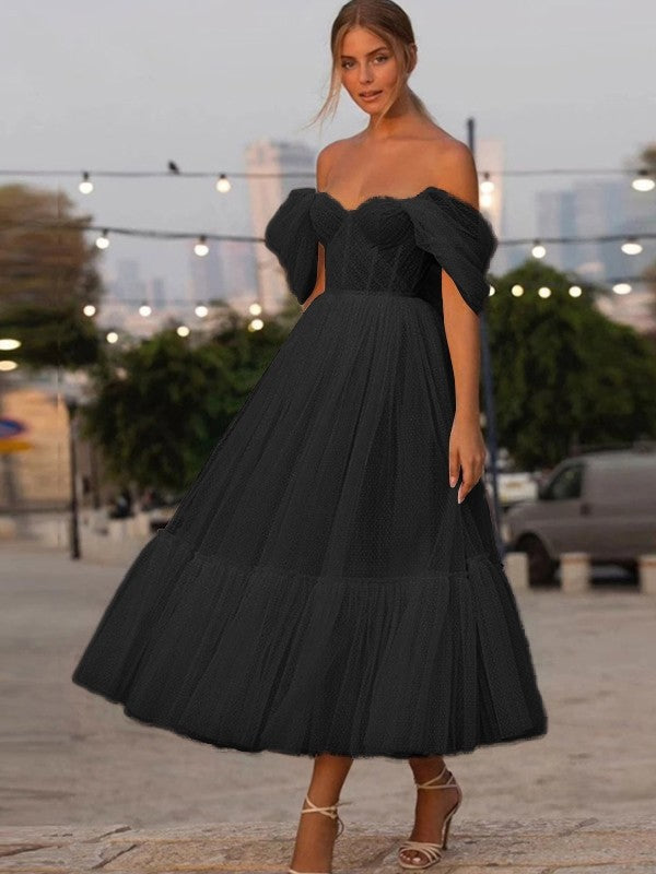 A-Line/Princess Tulle Ruffles Off-the-Shoulder Sleeveless Tea-Length Homecoming Prom Dress