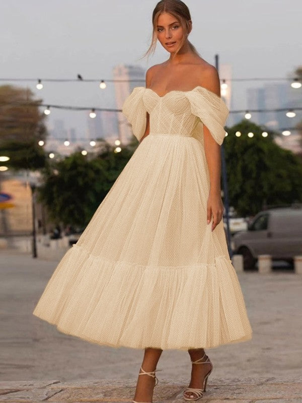 A-Line/Princess Tulle Ruffles Off-the-Shoulder Sleeveless Tea-Length Homecoming Prom Dress