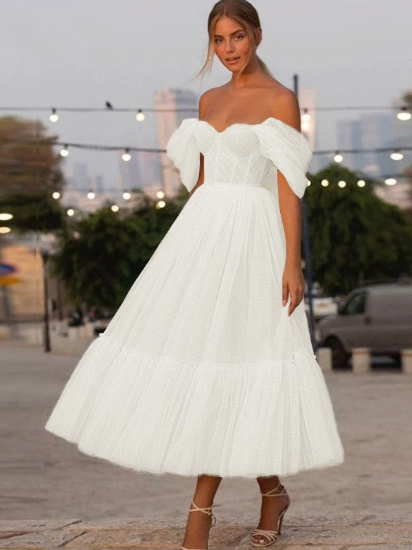 A-Line/Princess Tulle Ruffles Off-the-Shoulder Sleeveless Tea-Length Homecoming Prom Dress