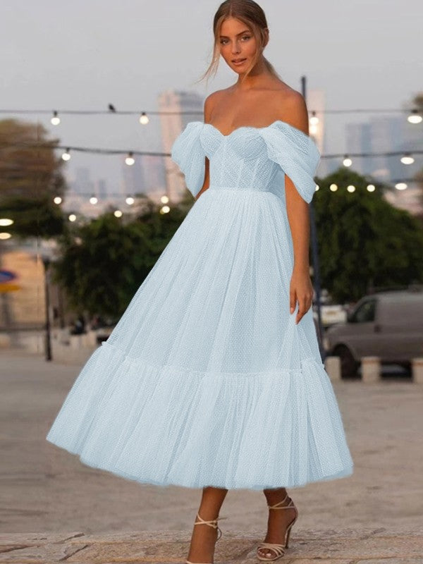 A-Line/Princess Tulle Ruffles Off-the-Shoulder Sleeveless Tea-Length Homecoming Prom Dress