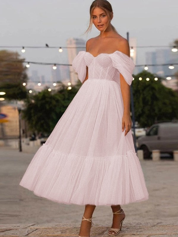 A-Line/Princess Tulle Ruffles Off-the-Shoulder Sleeveless Tea-Length Homecoming Prom Dress