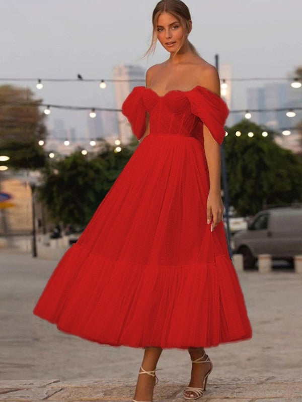 A-Line/Princess Tulle Ruffles Off-the-Shoulder Sleeveless Tea-Length Homecoming Prom Dress