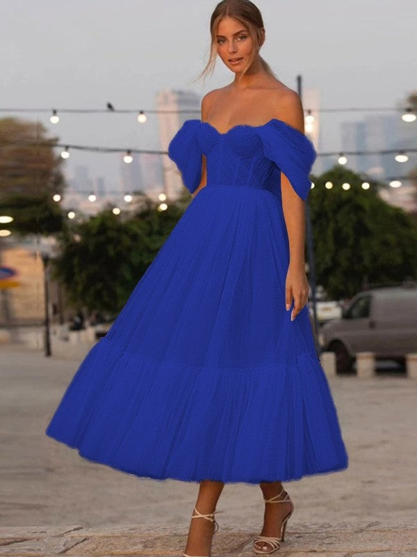 A-Line/Princess Tulle Ruffles Off-the-Shoulder Sleeveless Tea-Length Homecoming Prom Dress