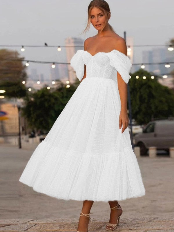 A-Line/Princess Tulle Ruffles Off-the-Shoulder Sleeveless Tea-Length Homecoming Prom Dress