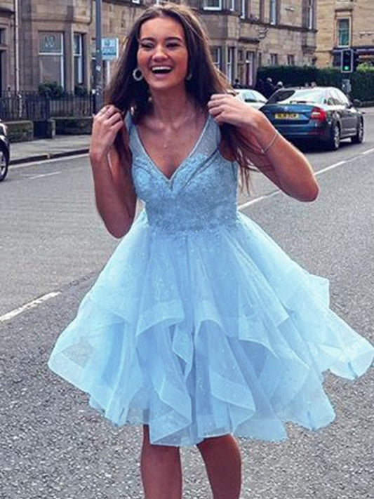 A-Line/Princess Tulle Ruffles V-neck Sleeveless Short/Mini Homecoming Prom Dress