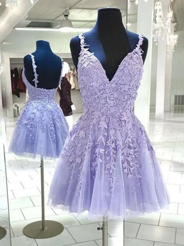 A-Line/Princess Tulle Applique V-neck Sleeveless Short/Mini Prom Dress