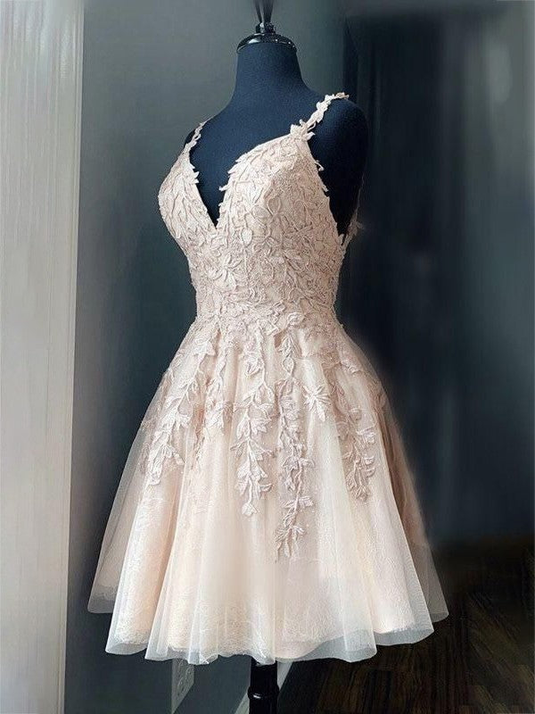 A-Line/Princess Tulle Applique V-neck Sleeveless Short/Mini Prom Dress
