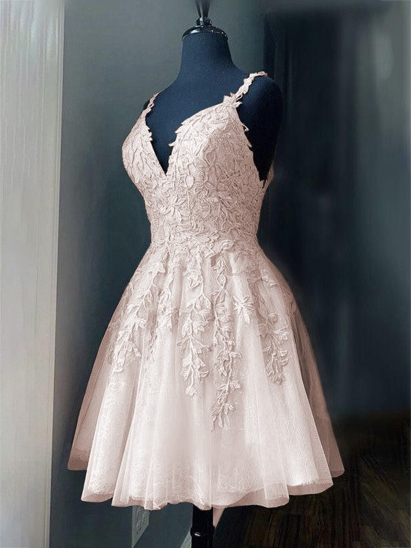 A-Line/Princess Tulle Applique V-neck Sleeveless Short/Mini Prom Dress