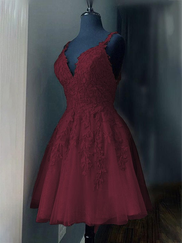 A-Line/Princess Tulle Applique V-neck Sleeveless Short/Mini Prom Dress