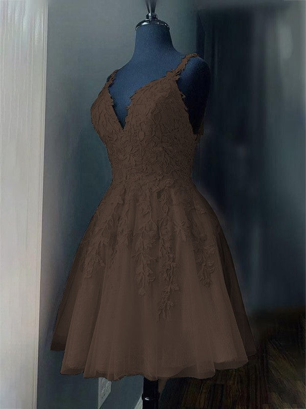 A-Line/Princess Tulle Applique V-neck Sleeveless Short/Mini Prom Dress
