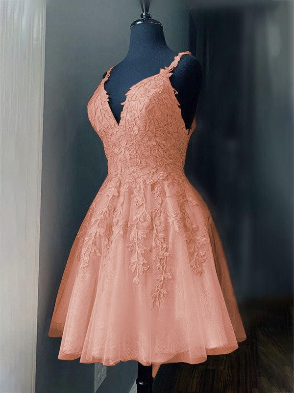 A-Line/Princess Tulle Applique V-neck Sleeveless Short/Mini Prom Dress