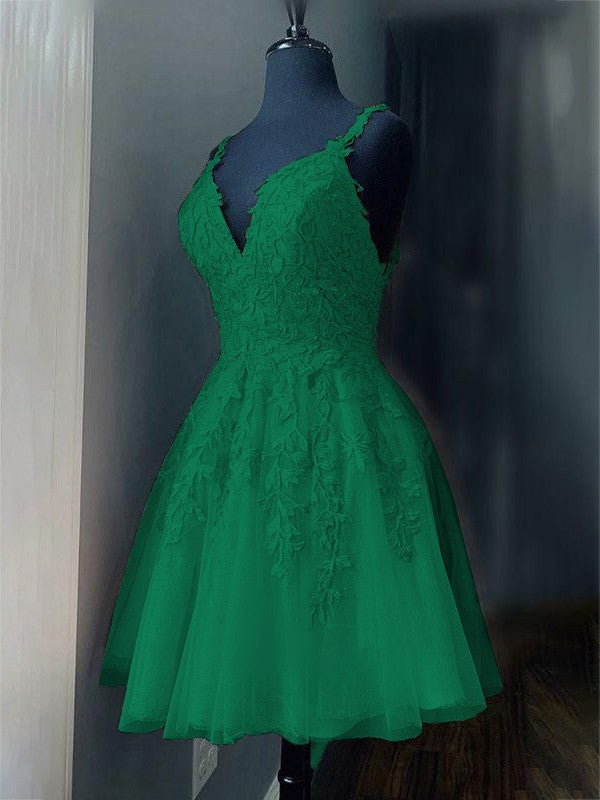 A-Line/Princess Tulle Applique V-neck Sleeveless Short/Mini Prom Dress
