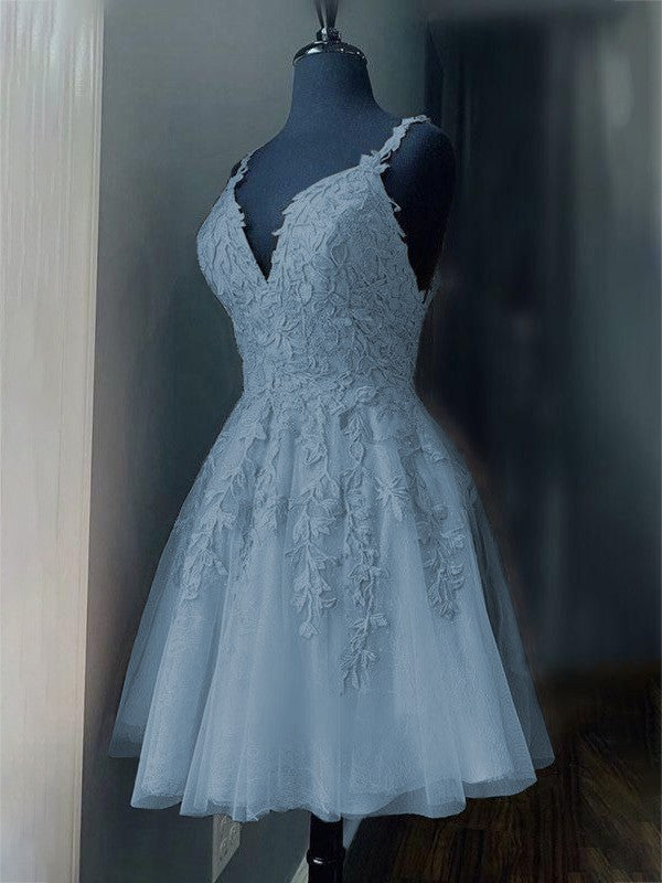 A-Line/Princess Tulle Applique V-neck Sleeveless Short/Mini Prom Dress