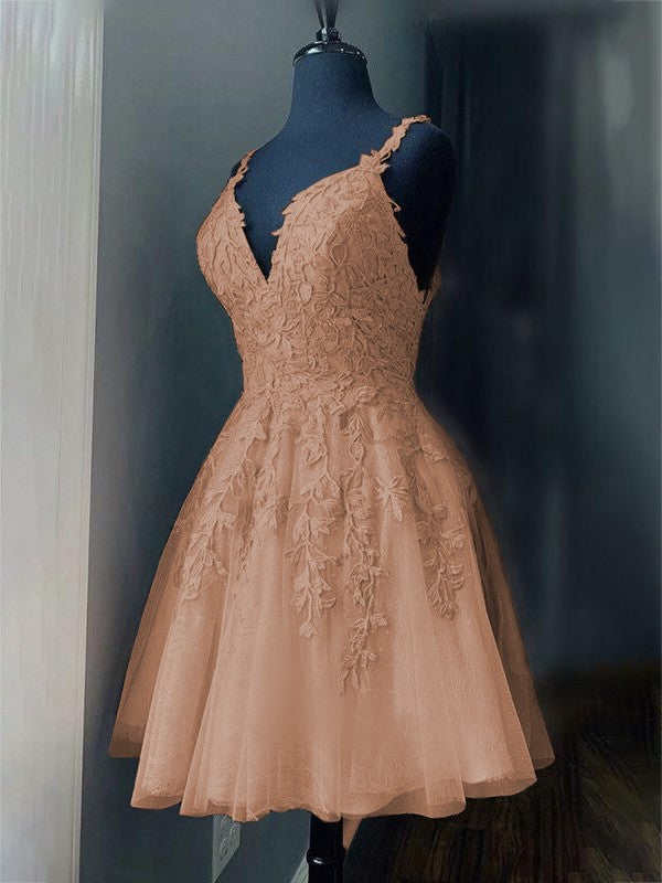 A-Line/Princess Tulle Applique V-neck Sleeveless Short/Mini Prom Dress