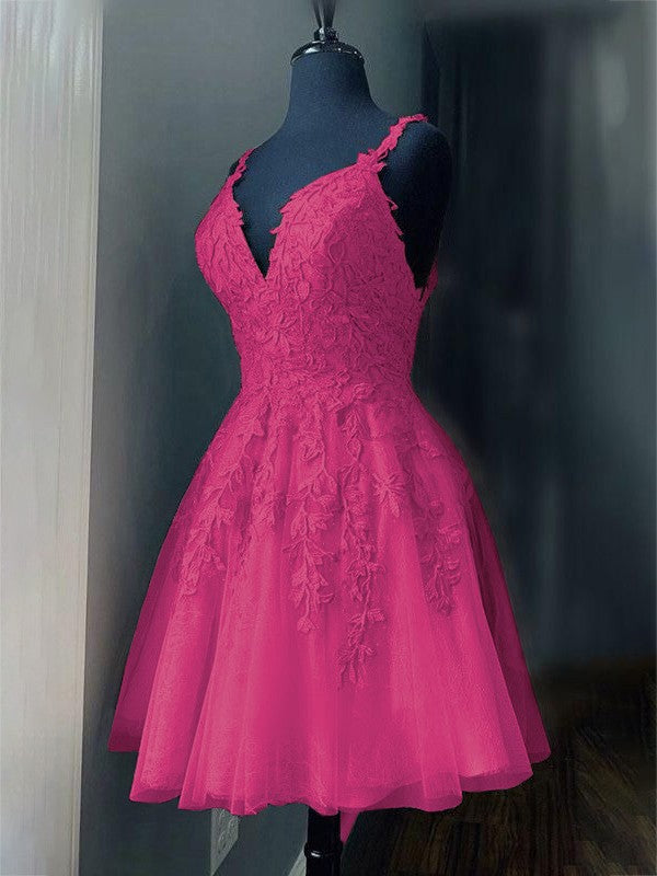 A-Line/Princess Tulle Applique V-neck Sleeveless Short/Mini Prom Dress