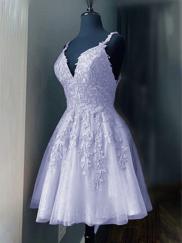 A-Line/Princess Tulle Applique V-neck Sleeveless Short/Mini Prom Dress