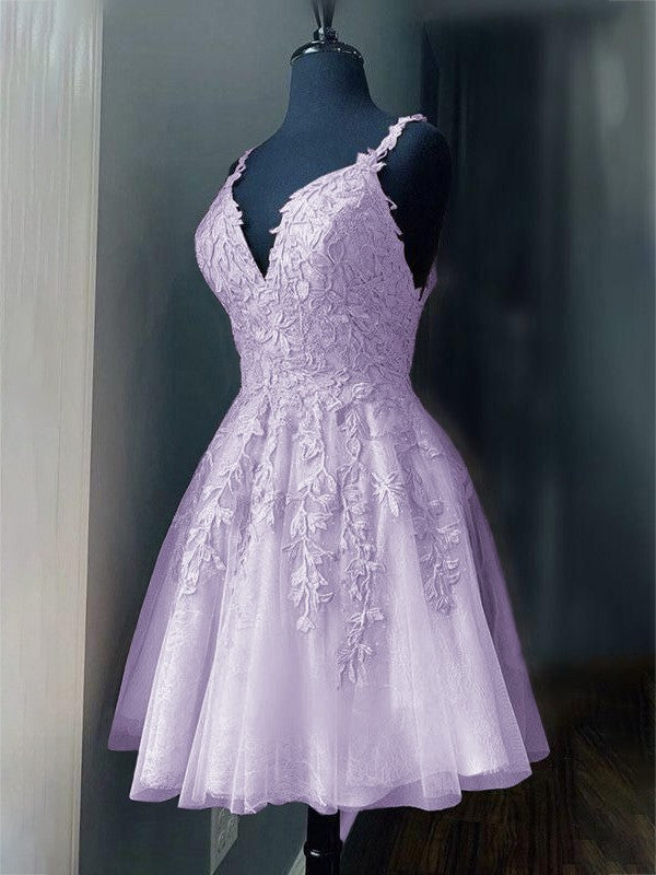 A-Line/Princess Tulle Applique V-neck Sleeveless Short/Mini Prom Dress