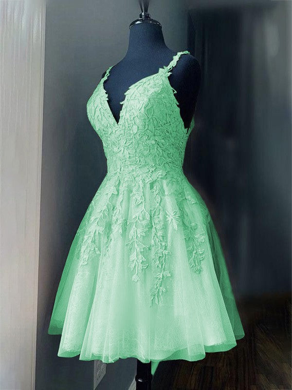 A-Line/Princess Tulle Applique V-neck Sleeveless Short/Mini Prom Dress