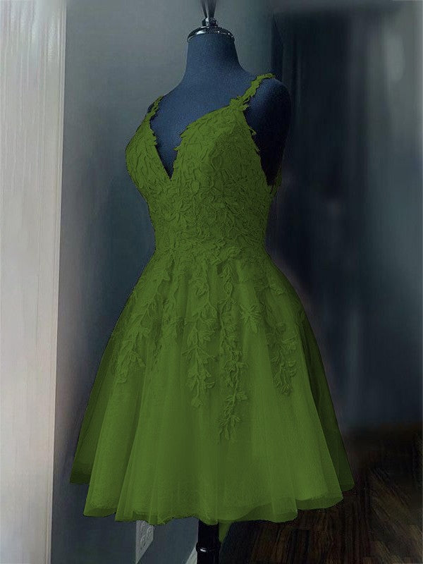 A-Line/Princess Tulle Applique V-neck Sleeveless Short/Mini Prom Dress