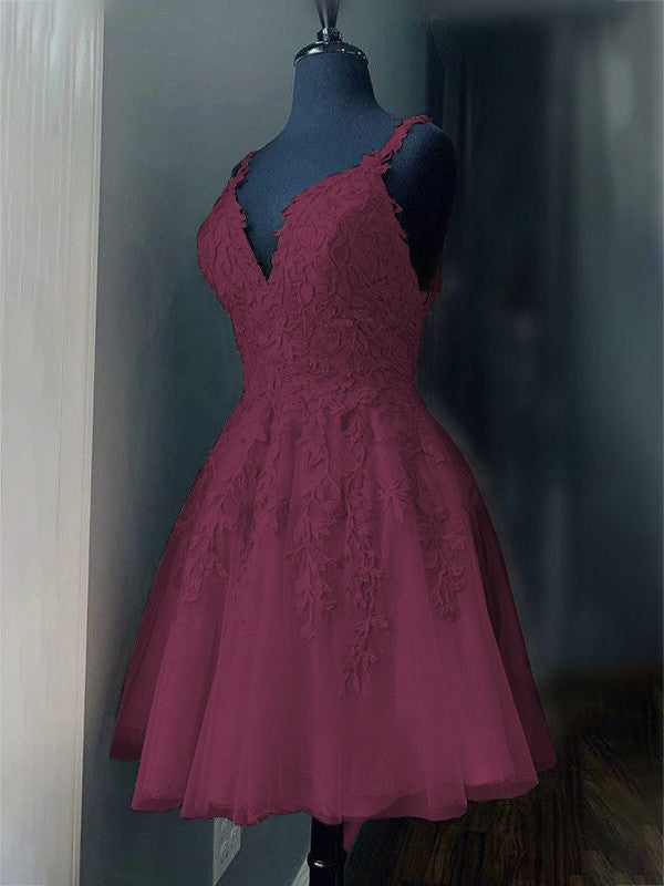 A-Line/Princess Tulle Applique V-neck Sleeveless Short/Mini Prom Dress