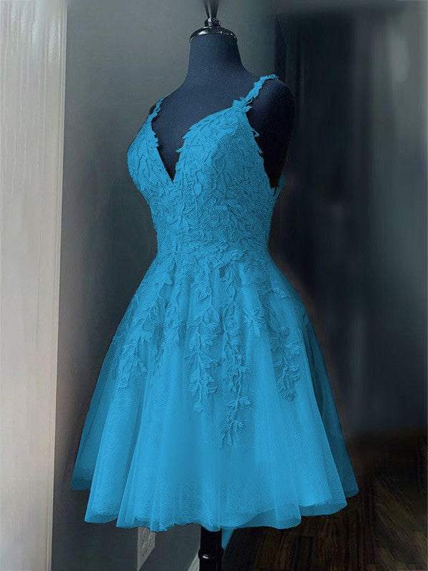 A-Line/Princess Tulle Applique V-neck Sleeveless Short/Mini Prom Dress
