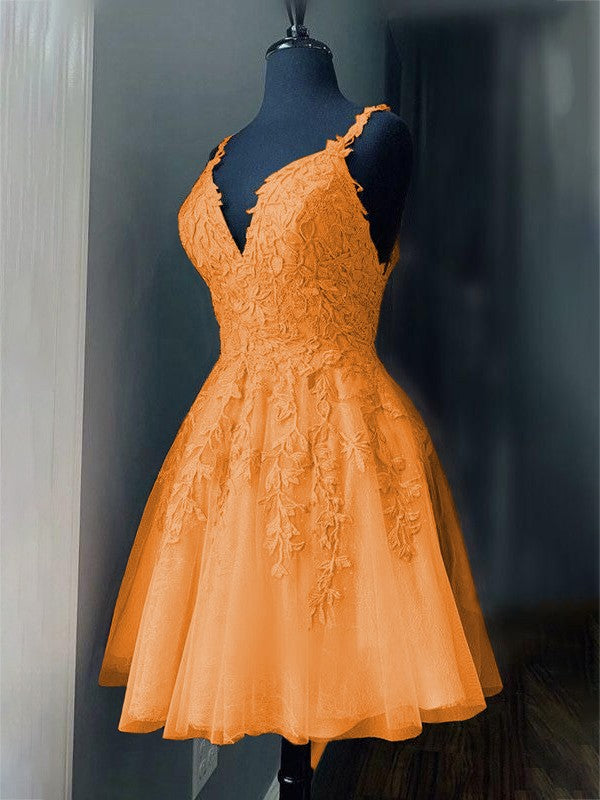A-Line/Princess Tulle Applique V-neck Sleeveless Short/Mini Prom Dress