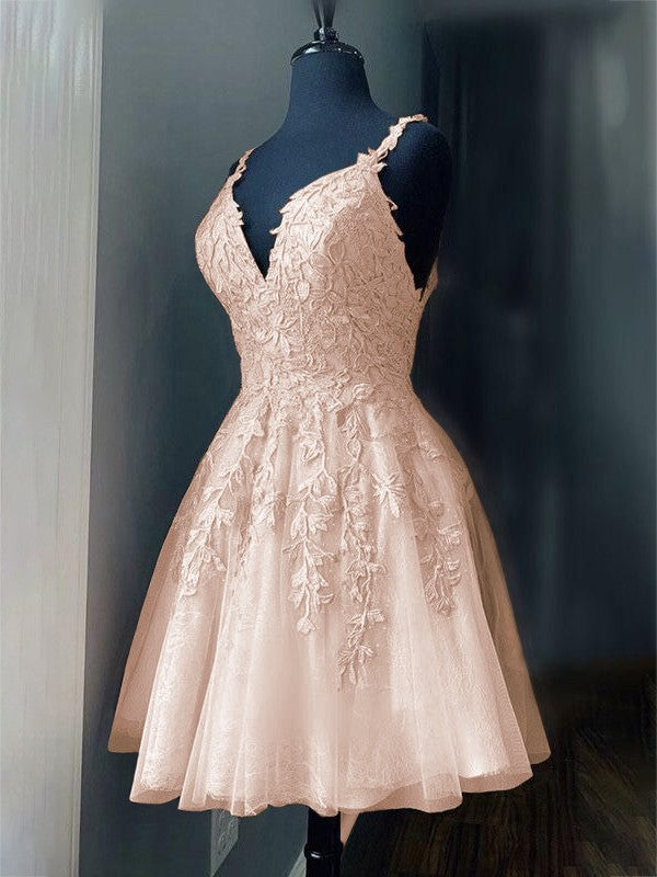 A-Line/Princess Tulle Applique V-neck Sleeveless Short/Mini Prom Dress