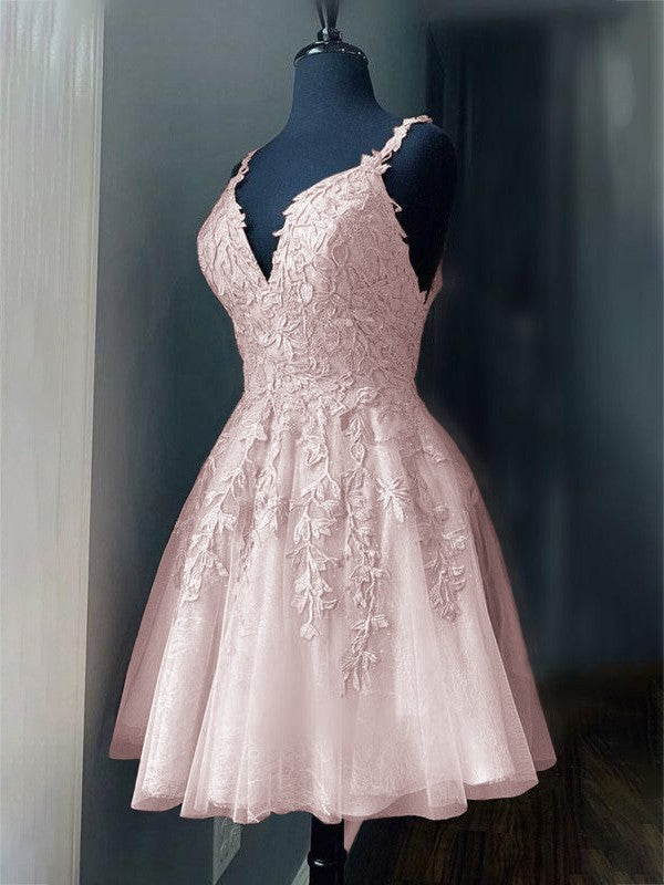 A-Line/Princess Tulle Applique V-neck Sleeveless Short/Mini Prom Dress