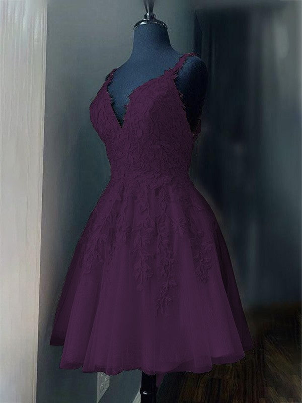 A-Line/Princess Tulle Applique V-neck Sleeveless Short/Mini Prom Dress
